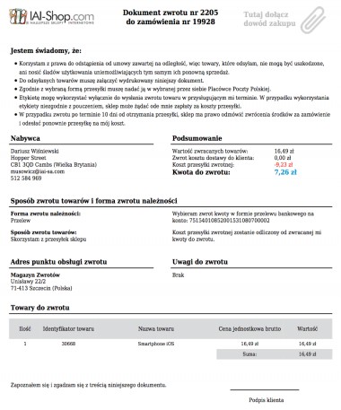 Przesyłki zwrotne Pocztą Polską z IAI -  - dokument zwrotu gotowy do wydrukowania przez klienta