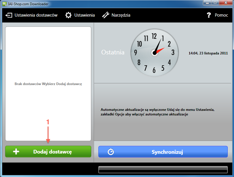 Pic. 1 - Uruchom IAI Downloader i kliknij <b>Dodaj dostawcę (1)</b>.