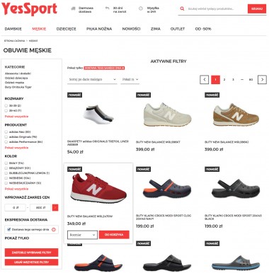 Lista towarów w sklepie YesSport - przefiltrowana, aby pokazywać tylko towary możliwe do dostarczenia SameDay