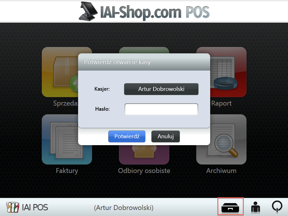 Nowa ikona otwarcia szuflady w IAI POS (od wersji 4.4.0) - pozwala na otwarcie szuflady kasowej w dowolnym momencie. Otwarcie poprzedza autoryzacja kasjera.